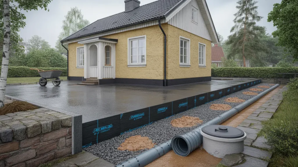dr nering och isolering av k llargrund med ny dagvattenledning i n sbypark t by