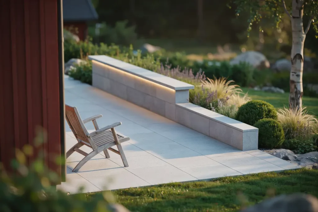 plattsatt uteplats med sittmur och belysning i n sbypark t by